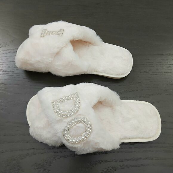 Wedding I Do Bride Slippers Size 40-41 Ivory Slip On Fluffy Wedding Anniversary - Picture 6 of 12
